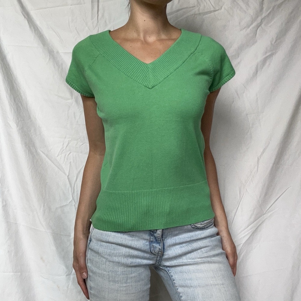 2000s Green Knit V Neck Sweater Top Cotton Blend Preppy Y2K Chic